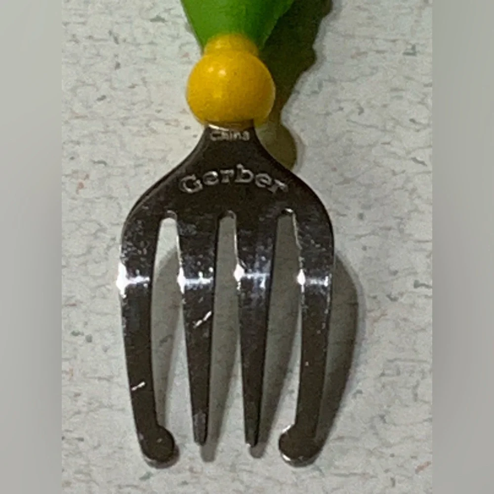 Vintage 90’s Gerber Fork & Spoon Set. Green & Yellow, Chunky Knubby Handle, 5
